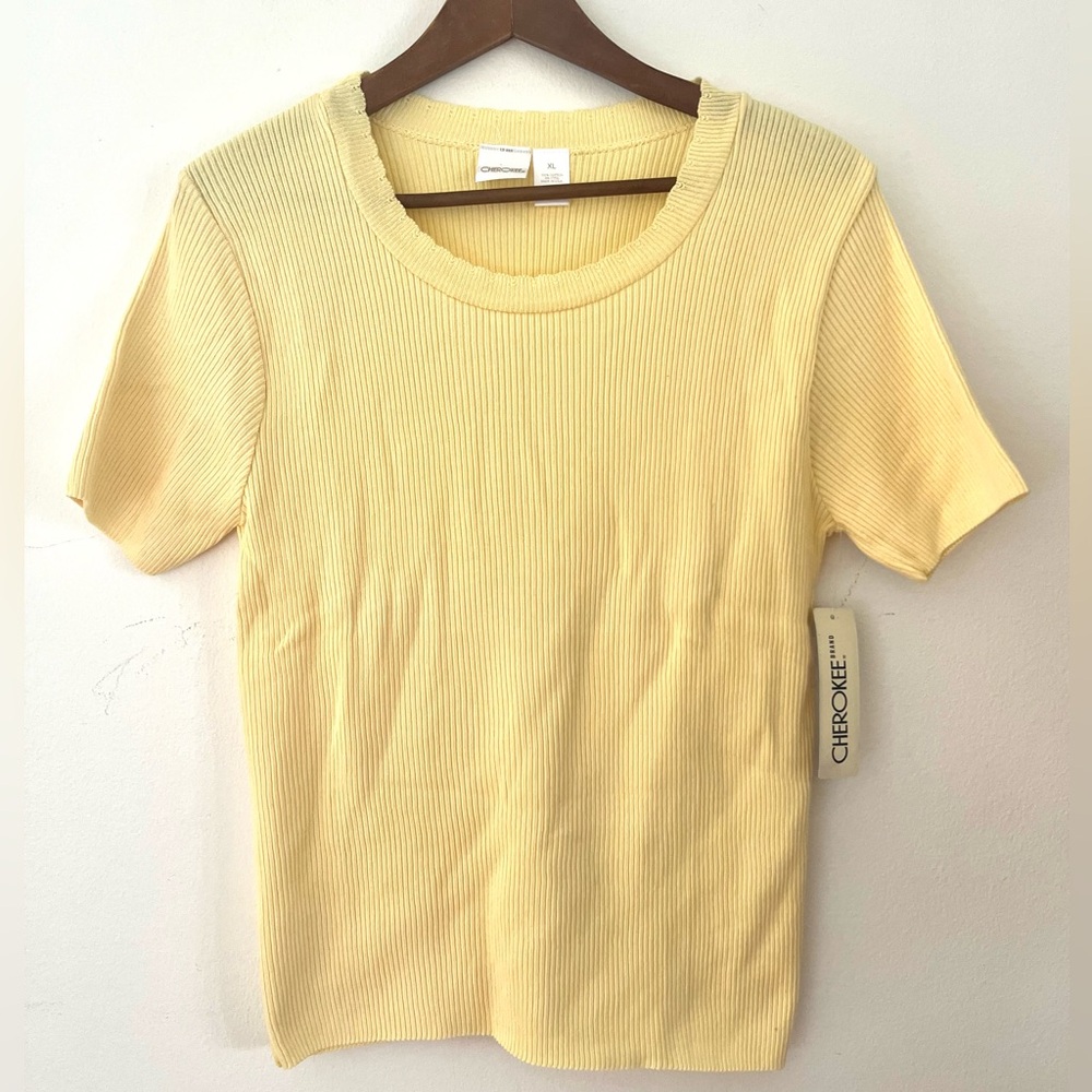 Cherokee Sweater Vintage Short Sleeve Womens XL NWT Yellow Crew Neck 100% Cotton